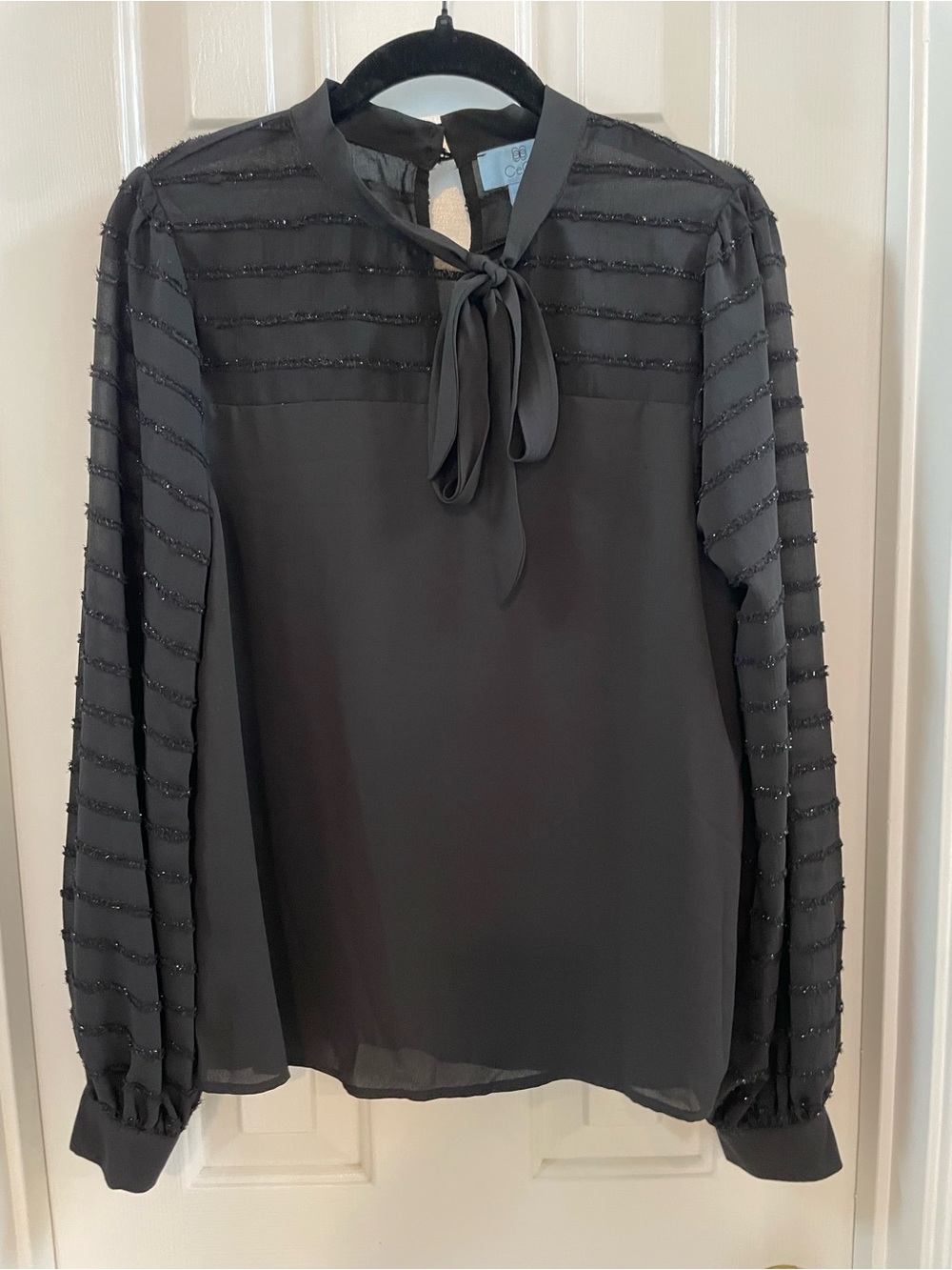 CeCe Black Tie-Neck Sheer Sleeve Blouse